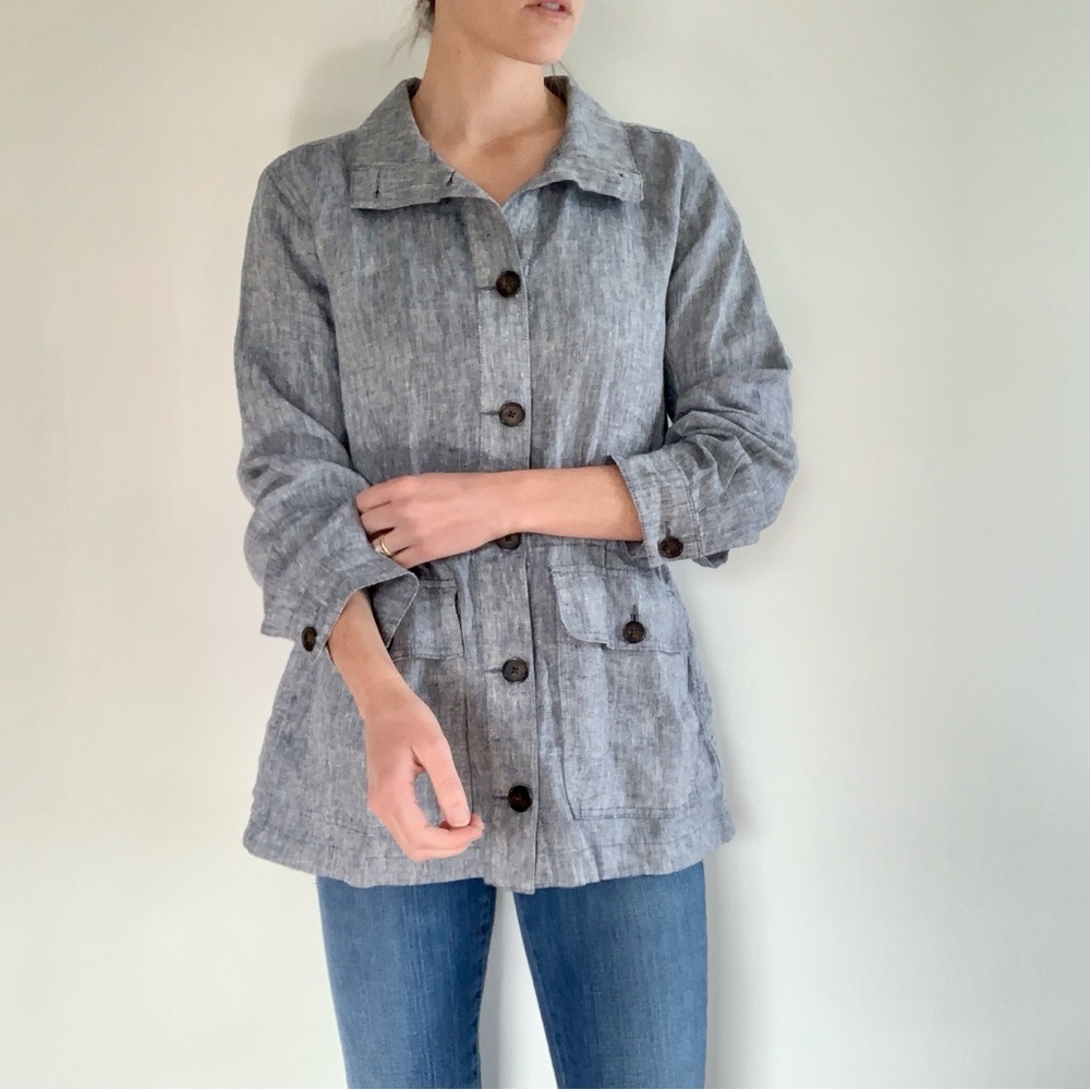 Lands End Linen Lightweight Jacket Windbreaker Sweater Gray Grey Blue Women's M